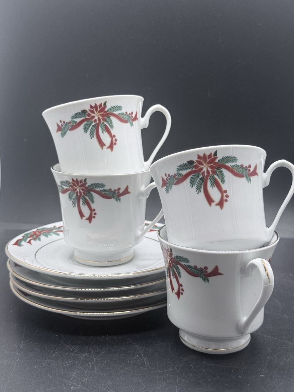 Kmart Poinsettia and Ribbons Fine China 4 Tea Cups & Saucers Christmas